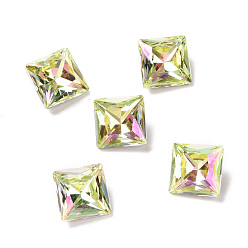 Luminous Green Glass Rhinestone Cabochons, Pointed Back & Back Plated, Square, Luminous Green, 8x8x4.2mm