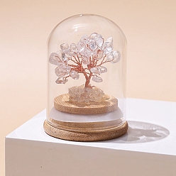 Quartz Crystal Natural Quartz Crystal Chips Tree of Life Decorations, Mini Wooden & Glass Base with Copper Wire Feng Shui Energy Stone Gift for Home Office Desktop Decoration, 52x77mm