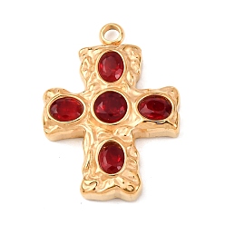 Красный 304 микро нержавеющей стали прокладывать Цирконом подвески, крестик, вакуумное покрытие pvd, золотые, красные, 24.5x18x4.5 мм, отверстие : 2 мм
