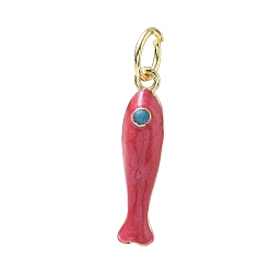 Roja Colgantes de esmalte de bronce, encantos de pescado, con anillo de salto, larga duración plateado, chapado en rack, sin plomo y el cadmio, real 18 k chapado en oro, rojo, 27x6x7 mm, agujero: 6 mm
