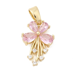 Pink Латунные микро проложить кубического циркония подвески, цветок, золотые, розовые, 19x13x4 мм, отверстие : 5x2.8 мм