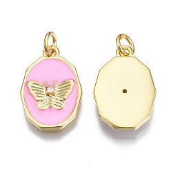 Hot Pink Brass Micro Pave Clear Cubic Zirconia Enamel Pendants, with Jump Ring, Cadmium Free & Nickel Free & Lead Free, Real 16K Gold Plated, Oval with Butterfly, Hot Pink, 18.5x12x3mm, Jump Ring: 5x1mm, 3mm inner diameter