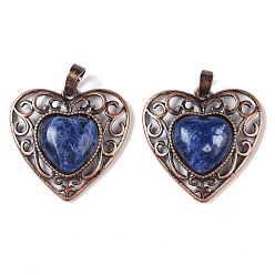 Sodalite Natural Sodalite Peach Love Heart Pendants, Rack Plating Brass Hollow Heart Charms, Cadmium Free & Lead Free, Red Copper, 29.5x30.5x7.5mm, Hole: 7.5x5mm