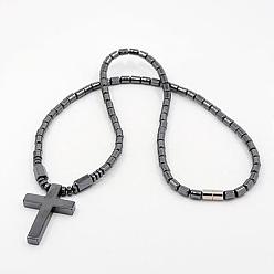 Black Fashionable Magnetic Synthetic Hematite Necklaces, with Brass Magnetic Clasps, Cross, Black, 17.7 inch