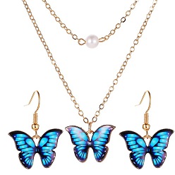 Deep Sky Blue Light Gold Alloy Butterfly Jewelry Set with Plastic Pearl, Enamel Pendant Necklace and Dangle Earrings, Deep Sky Blue, 500mm