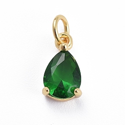 Green Brass Micro Pave Cubic Zirconia Pendants, with Jump Ring, Teardrop, Rose Gold, Green, 11.5x6.5x4mm, Hole: 3mm