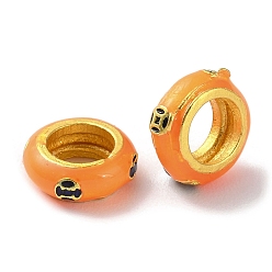 Orange Rack Plating Alloy Enamel European Beads, Cadmium Free & Lead Free, Large Hole Beads, Rondelle, Matte Gold Color, Orange, 10x4mm, Hole: 5.5mm