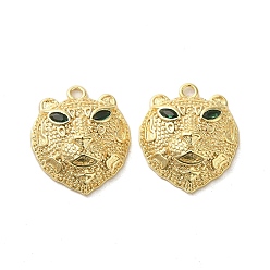 Real 18K Gold Plated Brass Micro Pave Green Cubic Zirconia Pendants, Leopard Head, Real 18K Gold Plated, 17x14.5x5.5mm, Hole: 1.5mm