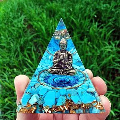 Synthetic Turquoise Orgonite Pyramid Resin Display Decorations, with Synthetic Turquoise Chips and Buddha Inside, for Home Office Desk, 60x60mm