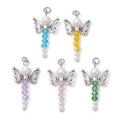 Mixed Color Glass & Shell Pearl Bead Pendants, with Tibetan Style Butterfly Alloy Beads, 304 Stainless Steel Jump Rings, Angle Charms, Mixed Color, 33~33.5x18x6mm, Hole: 3.4mm