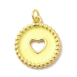 Желтый Латунь эмаль подвески, плоские круглые подвески с полыми сердечками, без свинца и без кадмия, долговечный, стойки покрытие, реальный 18 k позолоченный, желтые, 20.5~21x18x2.5 мм, отверстие : 3.4 мм