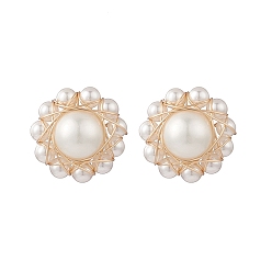 Golden Shell Pearl Beaded Flower Stud Earrings, 304 Stainless Steel Wire Wrap Jewelry for Women, Golden, 14mm, Pin: 0.8mm