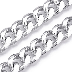 Platinum Aluminum Faceted Curb Chains, Diamond Cut Cuban Link Chains, Unwelded, Platinum, 16.5x12.5x3.5mm