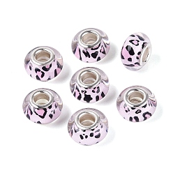 Lavender Blush Opaque Resin European Beads, Large Hole Beads, Rondelle & Leopard Pattern, with Silver Color Plated Brass Cores, Lavender Blush, 13.5~14x8~9mm, Hole: 4.5~5mm