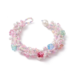 Colorful Flower Glass Seed Braided Beaded Bracelets, with Shell Pearl Beads, Colorful, 7-1/4x5/8 inch(18.5x1.5cm)