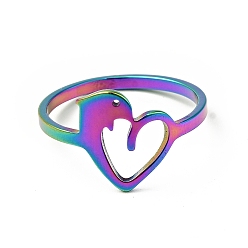 Rainbow Color Ion Plating(IP) 201 Stainless Steel Heart with Dolphin Finger Ring for Valentine's Day, Rainbow Color, US Size 6 1/2(16.9mm)