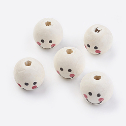 Floral White Natural Wood Printed European Beads, Round, Floral White, 18x16mm, Hole: 4~6mm, about 390pcs/500g