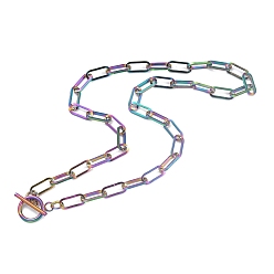 Rainbow Color Ion Plating(IP) 304 Stainless Steel Paperclip Chain Necklaces, with Toggle Clasps, Rainbow Color, 17.99 inch(45.7cm)