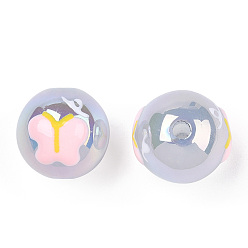 Pink UV Plating Rainbow Iridescent Acrylic Beads, Hand Drawn Beads, with Enamel, Round with Butterfly, Pink, 17x16x15.5mm, Hole: 2.8mm