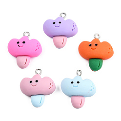 Mixed Color Opaque Resin Pendants, with Platinum Plated Iron Loops, Flower Charm with Smiling Face Pattern, Mixed Color, 23x20.5x8mm, Hole: 2mm