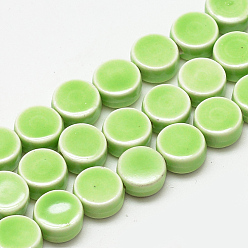 Lawn Green Handmade Porcelain Beads, Bright Glazed Porcelain, Flat Round, Lawn Green, 8~8.5x4~4.5mm, Hole: 2mm