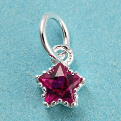 Medium Violet Red 925 Sterling Silver Charms, with Cubic Zirconia, Faceted Star, Silver, Medium Violet Red, 7x5x2.5mm, Hole: 3mm