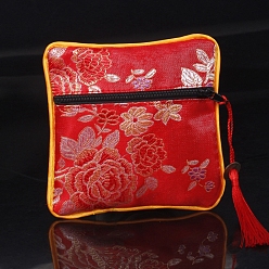 Roja Bolsas cuadradas de borlas de tela de estilo chino, con la cremallera, Para la pulsera, Collar, rojo, 11.5x11.5 cm