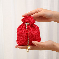 Red Fiber Embossed Flower Drawstring Candy Bags, with Chain, Wedding Candy Cloth Pouches, Square, Red, 15x15cm