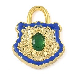 Синий Стеклянные подвески из латуни с покрытием стойки, с эмалью, долговечный, без свинца и без кадмия, реальный 18 k позолоченный, запирать, синие, 22x17.5x4 мм, отверстие : 4x4.5 мм
