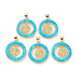Cyan Rack Plating Brass Micro Pave Cubic Zirconia Chakra Pendants, Synthetic Opal Flat Round Charms with Snap on Bail, Cadmium Free & Lead Free, Long-Lasting Plated, Real 18K Gold Plated, Cyan, 24x21x2.5mm, Hole: 5x3.2mm