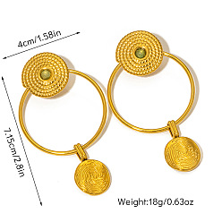 Зеленый Авантюрин 304 Серьги-гвоздики из нержавеющей стали с натуральным зеленым авантюрином, кольцо с плоским круглым, реальный 18 k позолоченный, 71.5x40 мм