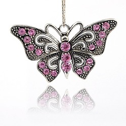 Light Rose Vintage Butterfly Pendant Necklace Findings, Alloy Rhinestone Pendants, Antique Silver, Light Rose, 37x67x7mm, Hole: 4mm