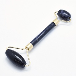 Blue Goldstone Synthetic Blue Goldstone Brass Face Massager, Facial Rollers, Golden, 142~150x54~58x19~22mm