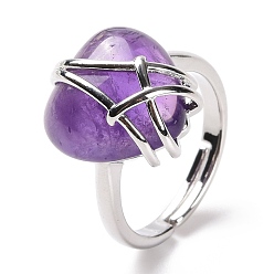 Аметист Регулируемое кольцо с сердцем из натурального аметиста, украшения из латунной проволоки для женщин, без кадмия и без свинца, размер США 7 1/4~13 (17.5~22.3 мм)