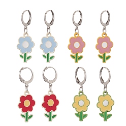 Mixed Color 4 Pair 4 Color Alloy Enamel Flower Dangle Leverback Earrings, 304 Stainless Steel Jewelry for Women, Mixed Color, 39mm, Pin: 0.6mm, 1 Pair/color
