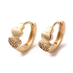 Light Gold Brass Micro Pave Cubic Zirconia Hoop Earrings, Heart, Light Gold, 15x7mm