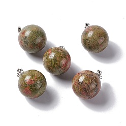 Unakite Natural Unakite Pendants, with Platinum Tone Brass Findings, Round Charm, 22x18mm, Hole: 3x6mm