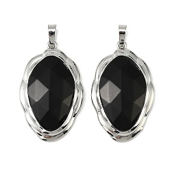 Обсидиан Ограненные подвески из натурального обсидиана, латунные овальные подвески в оправе, платина, стойки покрытие, 41x26x7 мм, отверстие : 5x8 мм