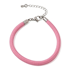 Flamingo Braided Round Polyester Cord Bracelet Makings, with Brass Findings and 202 Stainless Steel Lobster Claw Clasps, Stainless Steel Color, Flamingo, 7.28 inch(18.5cm)