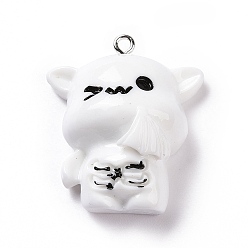 Weiß Opake Harzanhänger, Katze Reize, mit platinfarbenen Eisenschlaufen, weiß, 32.5x28x13 mm, Bohrung: 2 mm