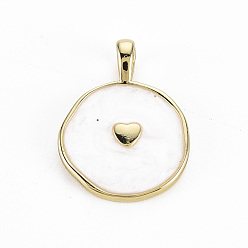 White Brass Enamel Pendants, Cadmium Free & Nickel Free & Lead Free, Real 16K Gold Plated, Flat Round with Heart, White, 20.5x15.5x4.5mm, Hole: 2.5x3.5mm