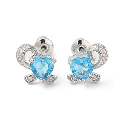 Светло-Голубой Серьги-гвоздики из латуни с микропаве из кубического циркония, долговечный, цветок, платина, Небесно-голубой, 10x10.5 мм