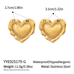 Настоящее золото 18K Серьги-гвоздики в форме сердца из нержавеющей стали с текстурой, реальный 18 k позолоченный, 27x31 мм