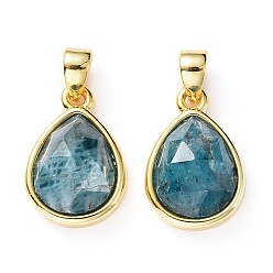 Apatite Natural Apatite Charms, with Golden Plated Brass Findings, Faceted Teardrop, 14.5x10x5.5mm, Hole: 4mm