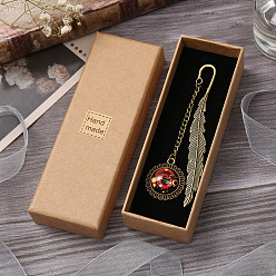 Red Alloy Feather Shape Bookmark, with Long Chain & Flat Round Pendant, Constellation Pattern, Red, 115mm