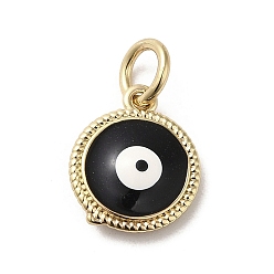 Black Brass Enamel Charms, with Jump Ring, Real 18K Gold Plated, Flat Round with Evil Eye Charm, Black, 13.5x11.5x3.7mm, Hole: 3.2mm