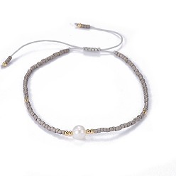 Gris Oscuro Nylon ajustable pulseras de cuentas trenzado del cordón, con cuentas de semillas japonesas y perlas, gris oscuro, 2 pulgada ~ 2-3/4 pulgada (5~7.1 cm)