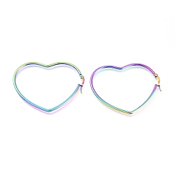 Rainbow Color 201 Stainless Steel Hoop Earrings, with 304 Stainless Steel Pin, Hypoallergenic Earrings, Heart, Rainbow Color, 66.5x56x2mm, 12 Gauge, Pin: 0.7mm