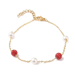 Red 6mm Round Polymer Clay Rhinestone & Imitation Pearl Link Bracelets, 304 Stainless Steel Cable Chain Bracelets for Women, Real 24K Gold Plated, Red, 7-1/8 inch(18cm), Bead: 6mm