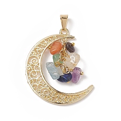 Mixed Stone 7 Chakra Natural Mixed Gemstone Chip Pendants, Light Gold Plated Alloy Moon Charms, 40.5x35x3~4mm Hole: 7x3.5mm